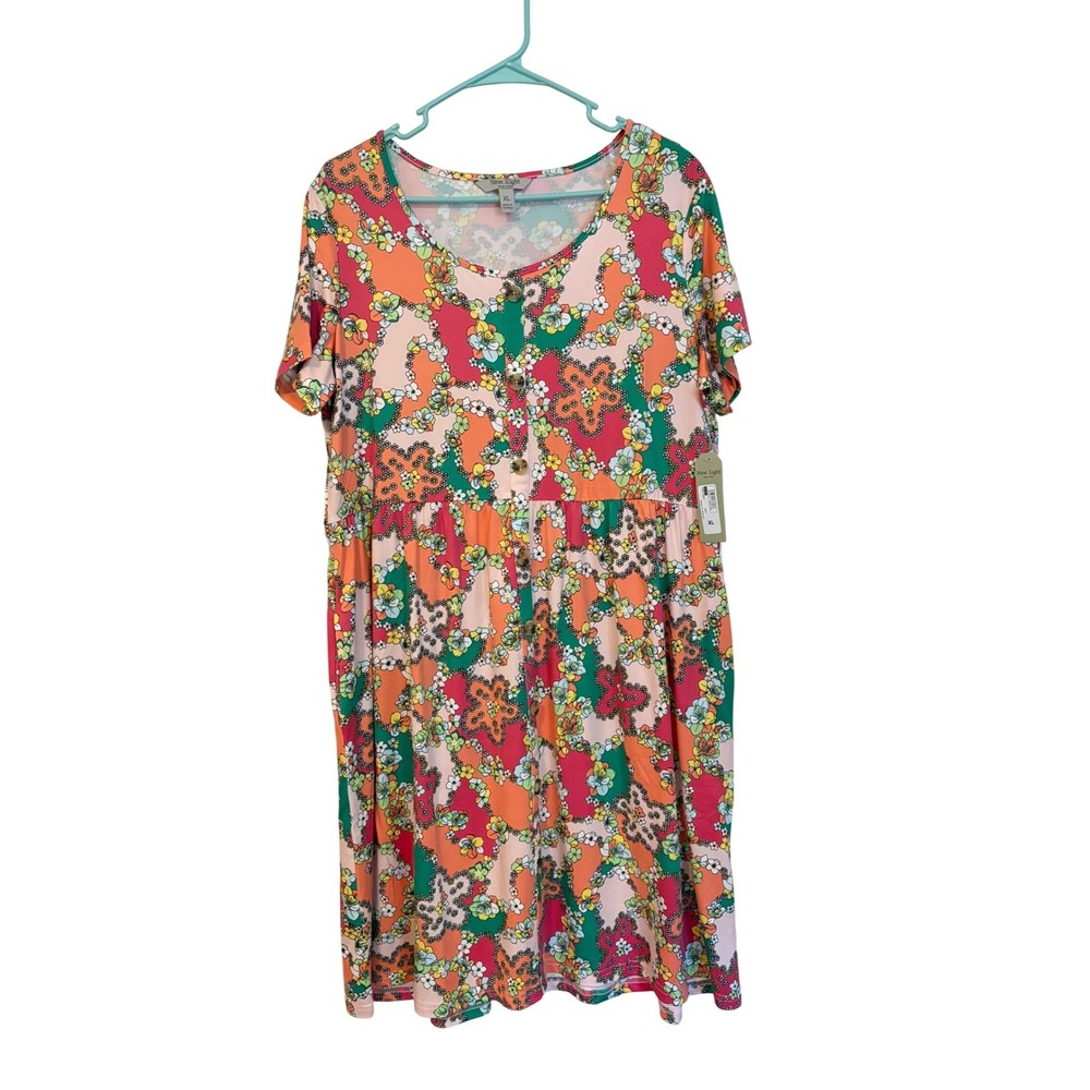 Nine.Eight‎ New York Women XL Pink Print Floral Button Front Empire Waist Dress